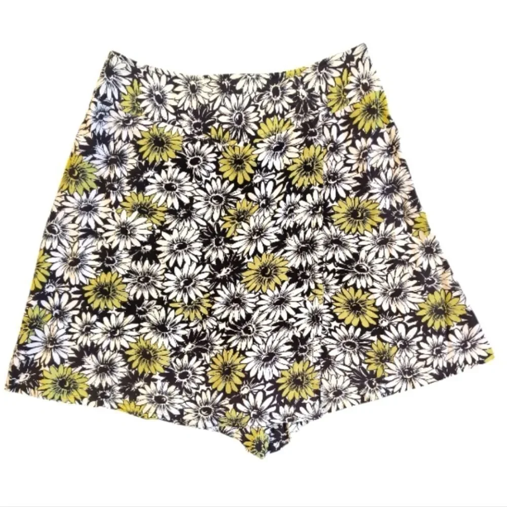VTG 80s Floral Wrap Skort High Waist‎ Yellow Black White Rayon SZ 14 *Medium
